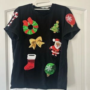 Festive Black Womens Shirt with Sequins Christmas Patches